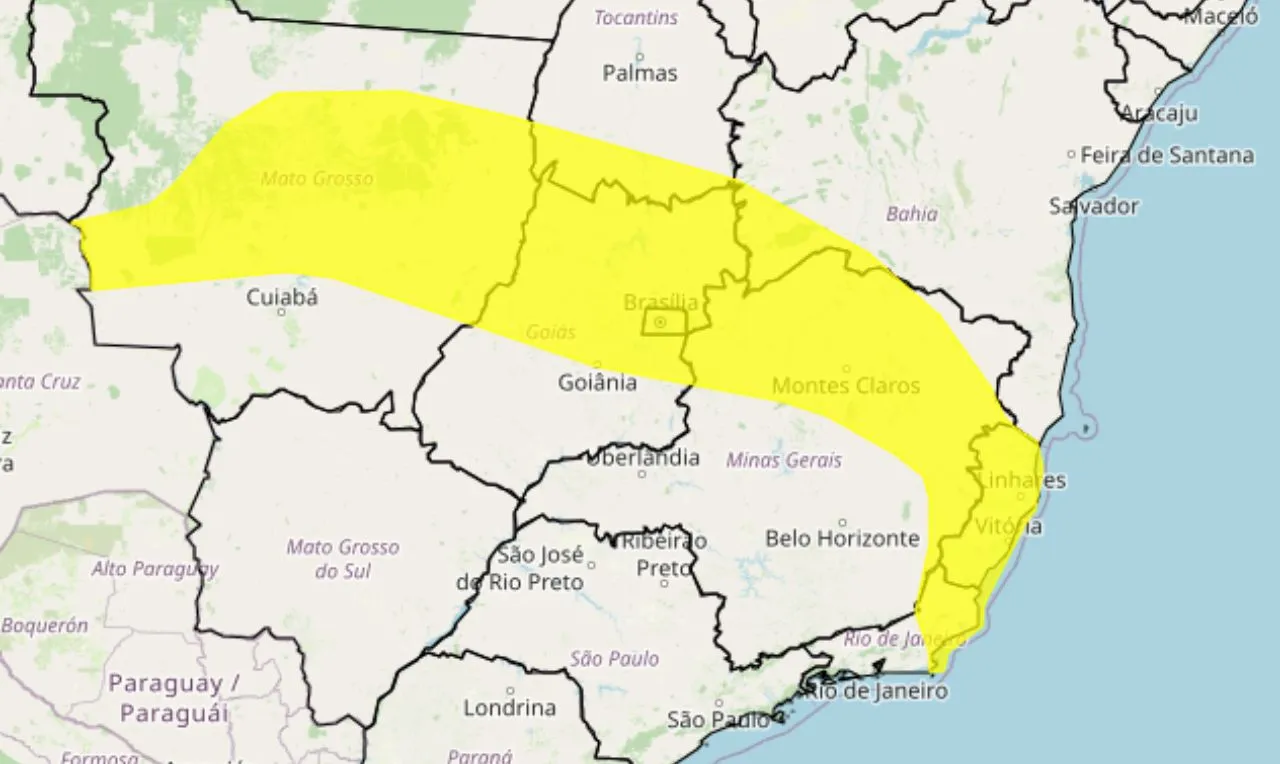 O mapa mostra &agrave;s &aacute;reas em alerta para chuva intensa